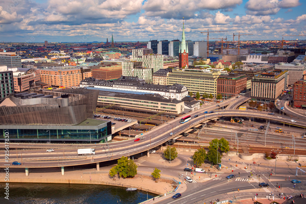 Aerial view of modern buildings and a highway in central Stockholm, Sweden, on a sunny da
