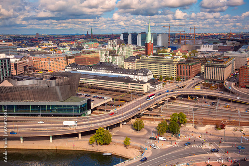 Obraz na płótnie Aerial view of modern buildings and a highway in central Stockholm, Sweden, on a sunny da w salonie