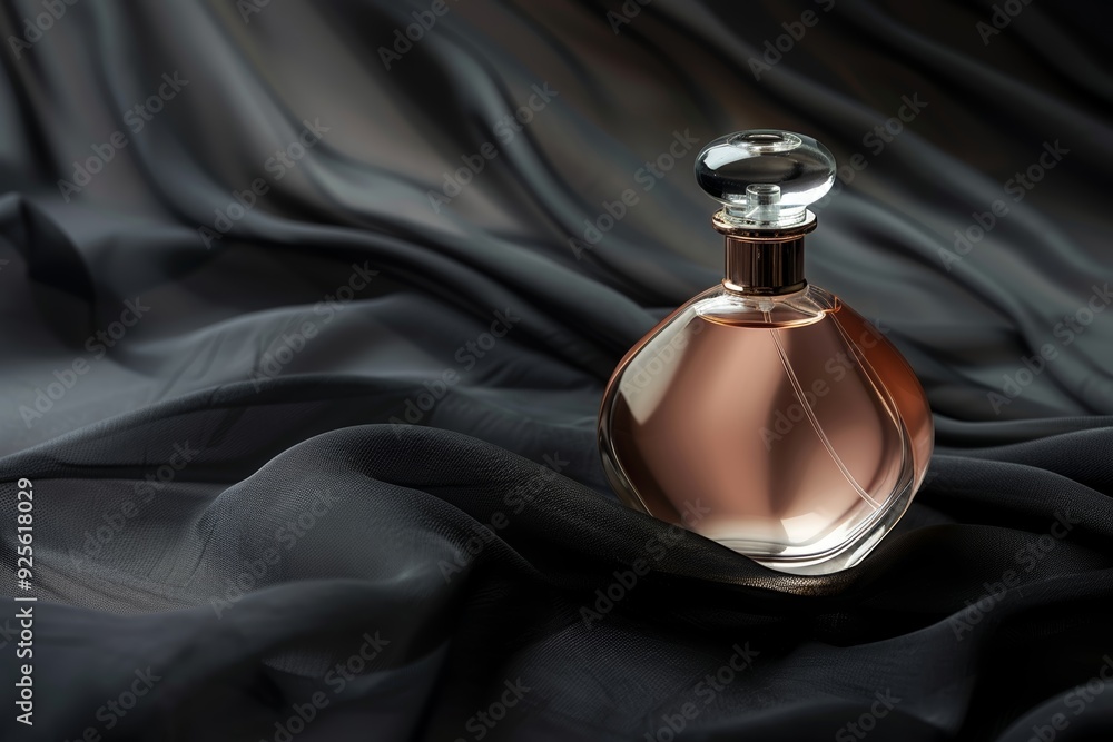 Elegant perfume bottle on silky black fabric creating luxury concept Elegant perfume bottle on silky black fabric creating luxury concept