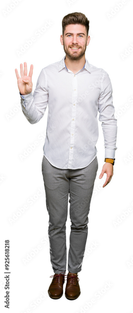 Young handsome business man showing and pointing up with fingers number four while smiling confident and happy. Young handsome business man showing and pointing up with fingers number four while smiling confident and happy.