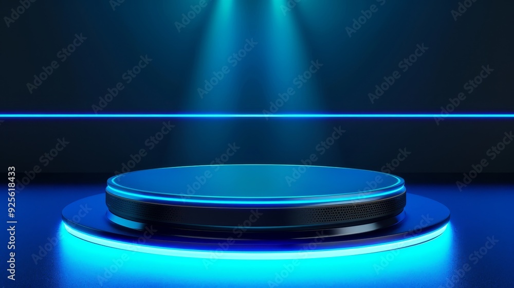 Futuristic illuminated podium with blue neon lights, perfect for product display, presentations, and visual showcases in a modern style. Futuristic illuminated podium with blue neon lights, perfect for product display, presentations, and visual showcases in a modern style.