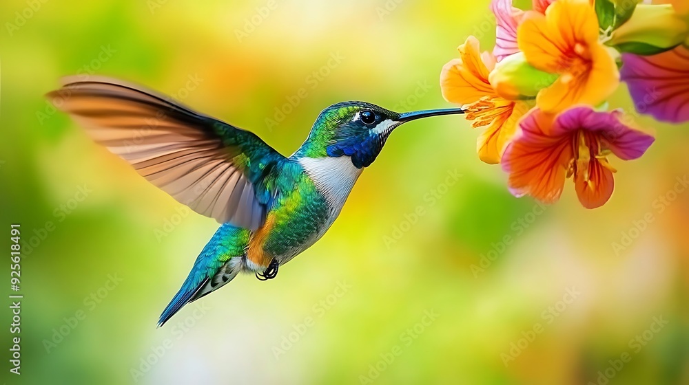 Obraz premium Hummingbird in Flight, Drinking Nectar from Flower