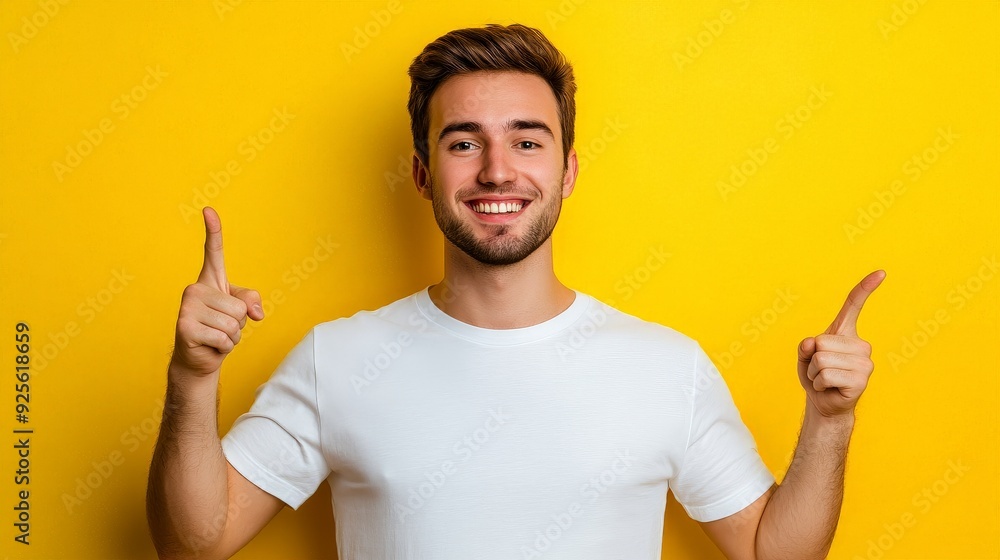 handsome man in white t-shirt pointing with fingers at himself isolated on yellow handsome man in white t-shirt pointing with fingers at himself isolated on yellow