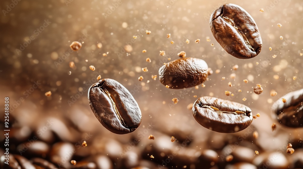 Close-up of roasted coffee beans suspended in the air against a blurred background with ground coffee particles, creating an enticing coffee atmosphere Close-up of roasted coffee beans suspended in the air against a blurred background with ground coffee particles, creating an enticing coffee atmosphere