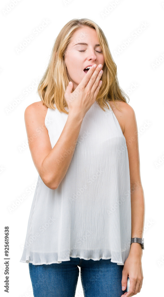 Beautiful young elegant woman over isolated background bored yawning tired covering mouth with hand. Restless and sleepiness. Beautiful young elegant woman over isolated background bored yawning tired covering mouth with hand. Restless and sleepiness.