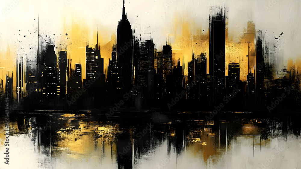 Obraz premium Abstract city skyline in black and gold with reflective water.