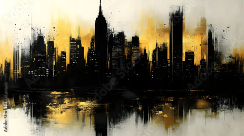 Abstract city skyline in black and gold with reflective water.