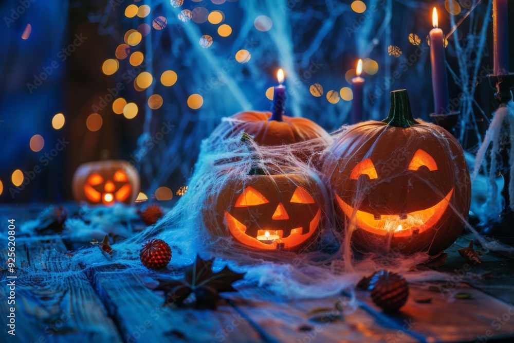 Glowing jack o lanterns surrounded by cobwebs and candles on a spooky Halloween night Halloween concept Glowing jack o lanterns surrounded by cobwebs and candles on a spooky Halloween night Halloween concept