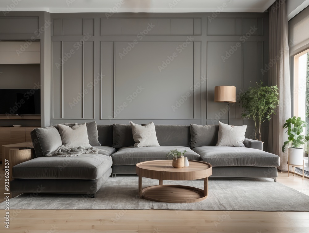 Modern Living Room with Grey Sectional Sofa and Wooden Coffee Table Modern Living Room with Grey Sectional Sofa and Wooden Coffee Table