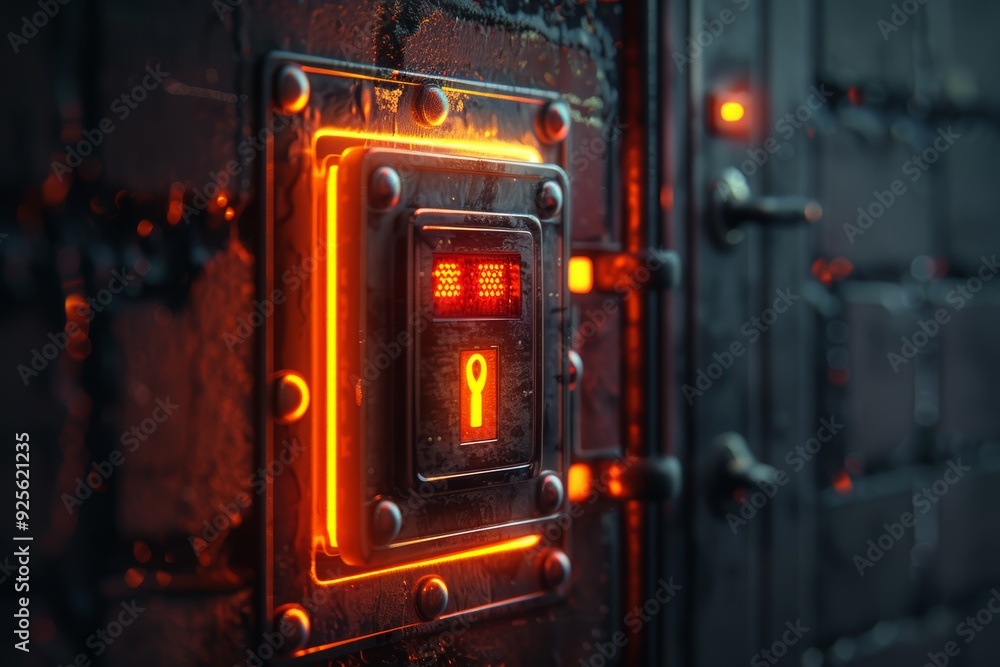A close-up of a high-tech lock mechanism with vibrant orange lighting, set against a dark, textured backdrop, suggesting a futuristic or secure environment A close-up of a high-tech lock mechanism with vibrant orange lighting, set against a dark, textured backdrop, suggesting a futuristic or secure environment