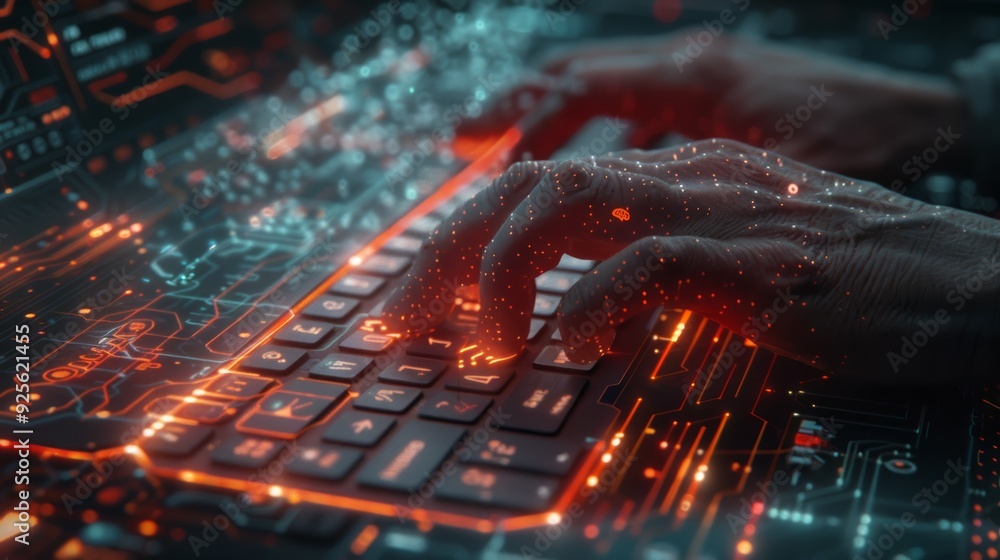 A close-up view of hands typing on a futuristic keyboard, surrounded by glowing digital data and circuit-like patterns, showcasing advanced technology and cybernetics A close-up view of hands typing on a futuristic keyboard, surrounded by glowing digital data and circuit-like patterns, showcasing advanced technology and cybernetics