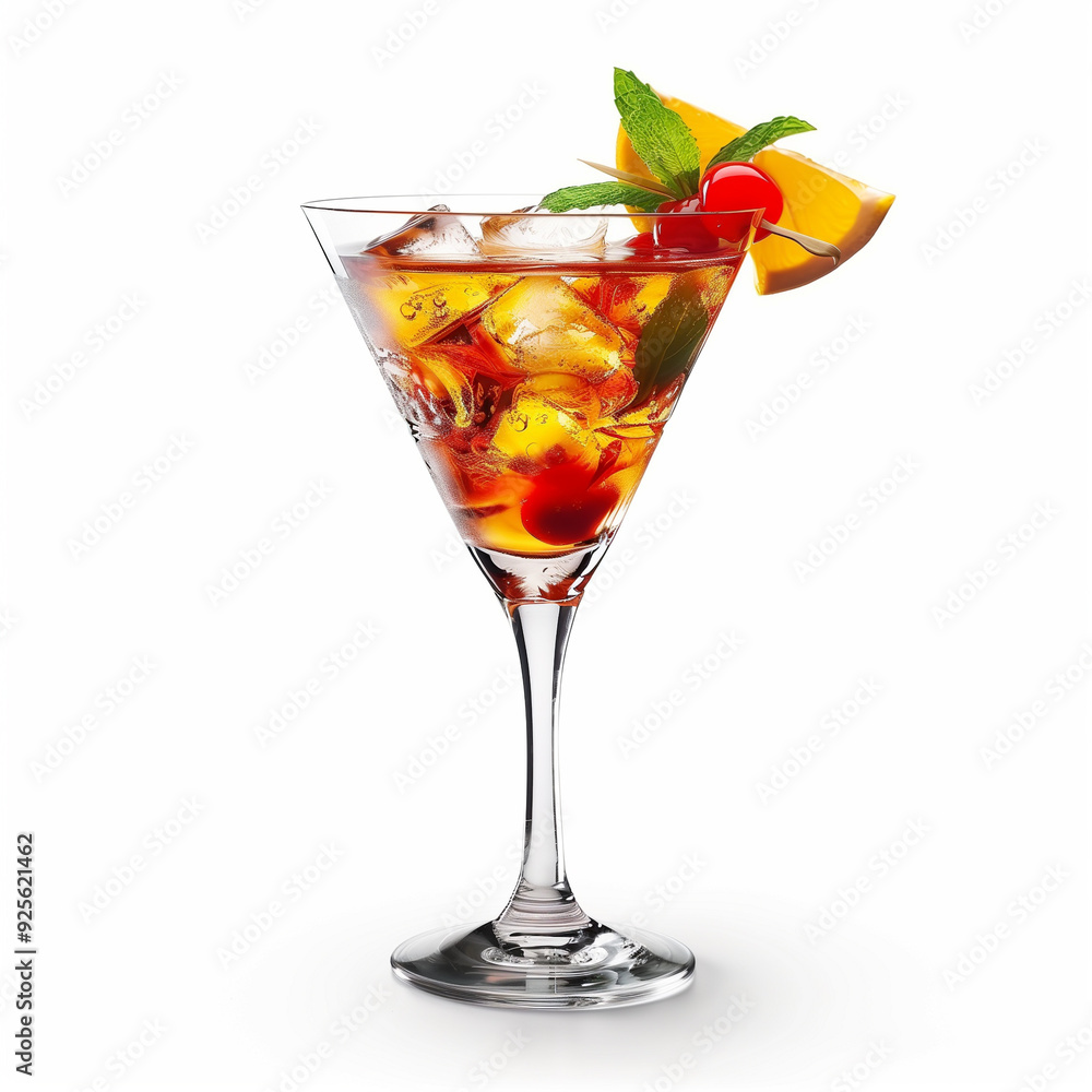 Cocktail with piecies of lemon, berries and ice cubes in glass on white background. Cocktail with piecies of lemon, berries and ice cubes in glass on white background.