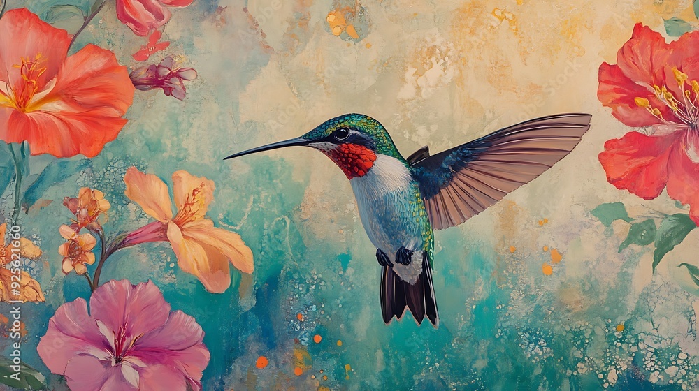 Hummingbird in Flight with Floral Surroundings Hummingbird in Flight with Floral Surroundings