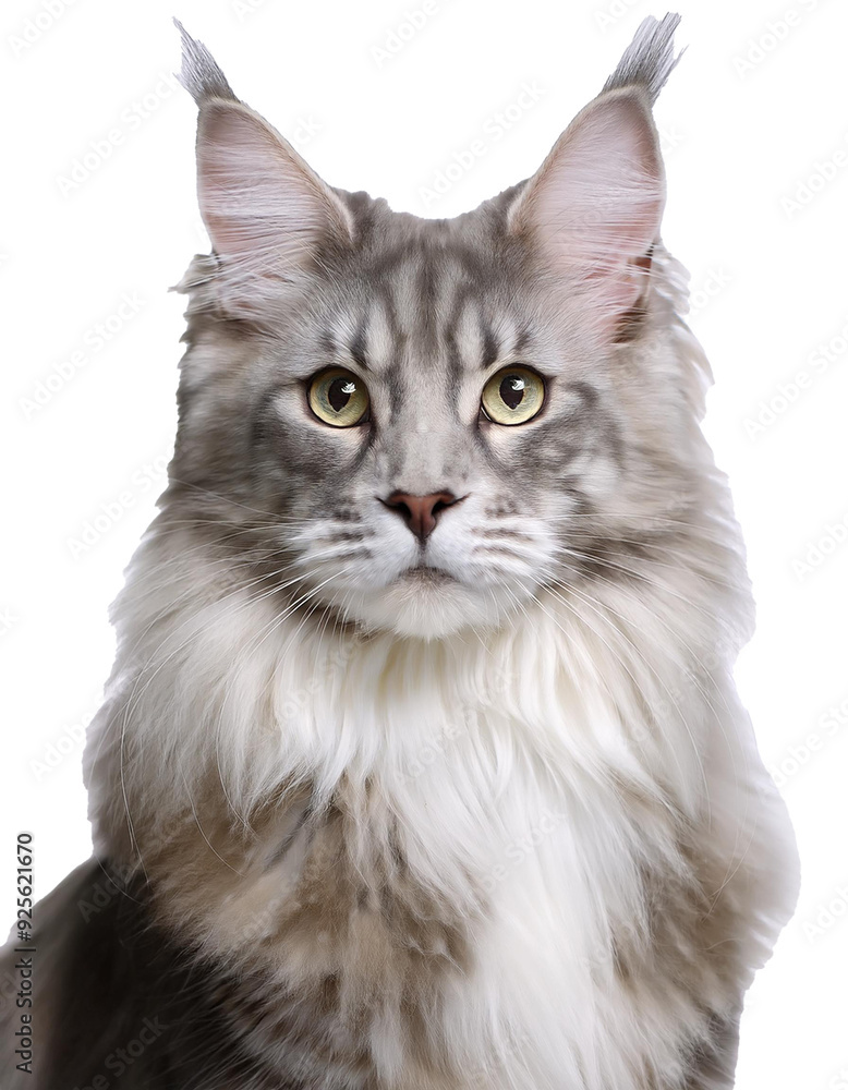 A portrait of a Maine Coon features its majestic, long coat, tufted ears, and large, expressive eyes, with a bushy tail and regal presence that exudes elegance. Transparent PNG A portrait of a Maine Coon features its majestic, long coat, tufted ears, and large, expressive eyes, with a bushy tail and regal presence that exudes elegance. Transparent PNG