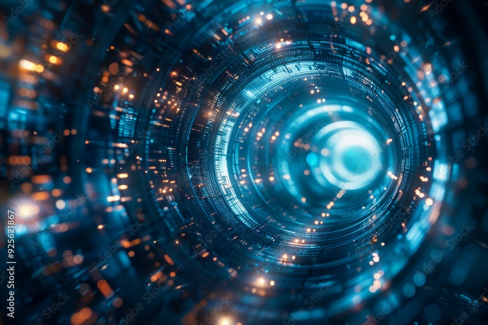 A futuristic tunnel with glowing blue lights and intricate circuitry patterns, creating a sense of depth and advanced technology A futuristic tunnel with glowing blue lights and intricate circuitry patterns, creating a sense of depth and advanced technology