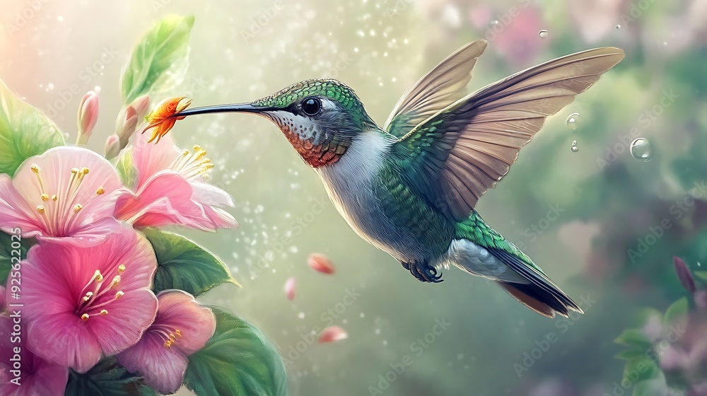 Hummingbird Sipping Nectar from Pink Flower Hummingbird Sipping Nectar from Pink Flower