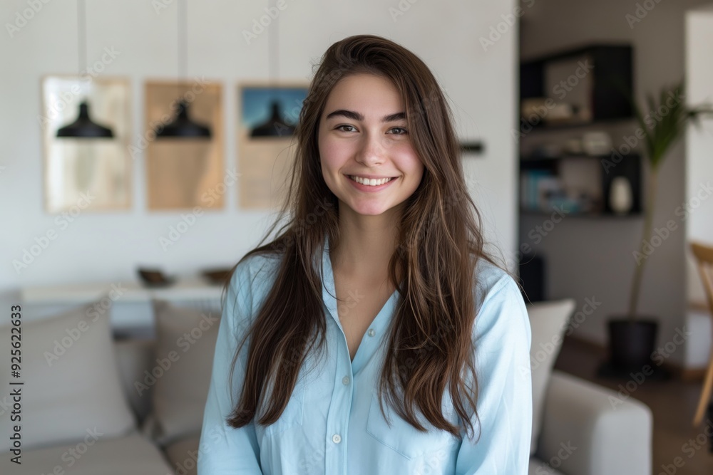 Young woman with long hair smiling indoors, casually dressed, home setting concept Young woman with long hair smiling indoors, casually dressed, home setting concept