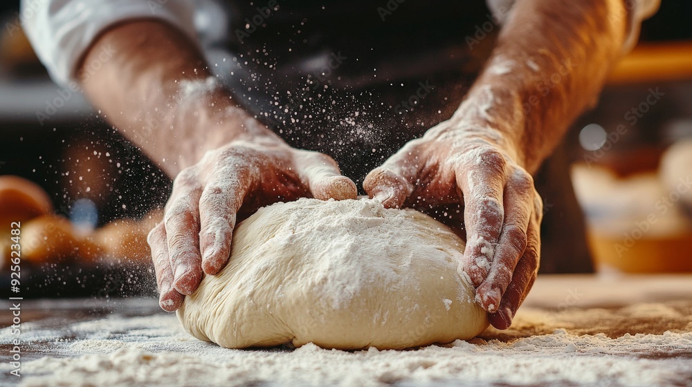 A baker kneads the dough on a floured surface, preparing it for baking fresh bread. A baker kneads the dough on a floured surface, preparing it for baking fresh bread.