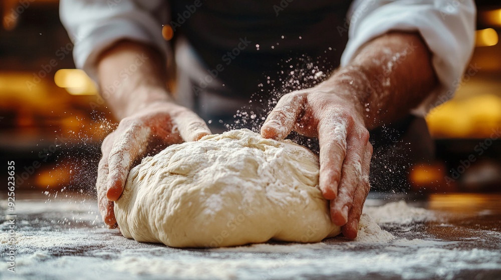 A baker kneads the dough on a floured surface, preparing it for baking fresh bread. A baker kneads the dough on a floured surface, preparing it for baking fresh bread.