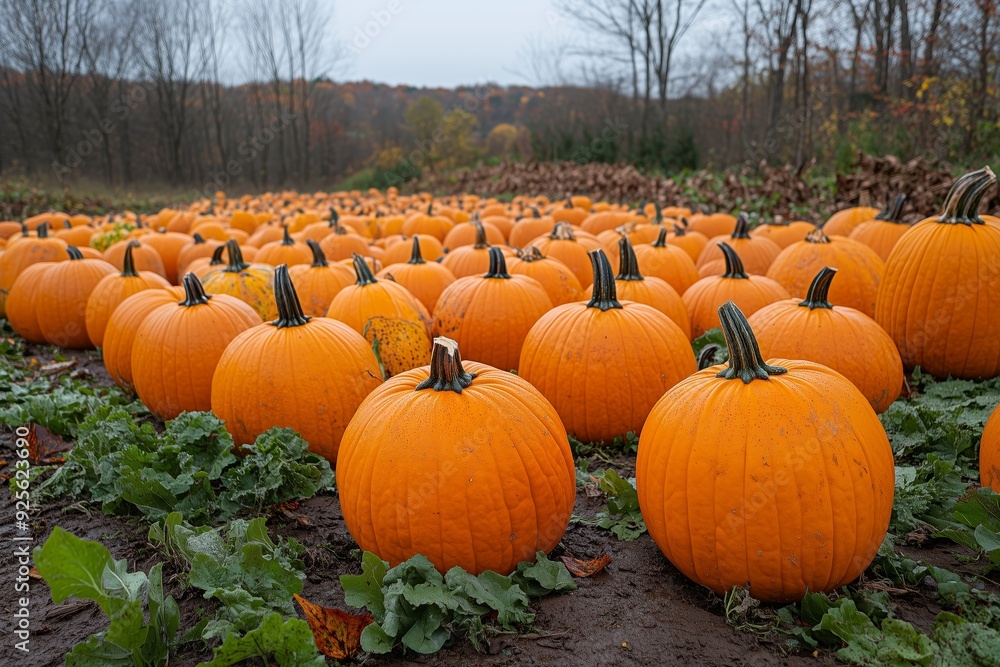 A vibrant pumpkin patch in autumn with rows of pumpkins ready for harvest on a cloudy day A vibrant pumpkin patch in autumn with rows of pumpkins ready for harvest on a cloudy day