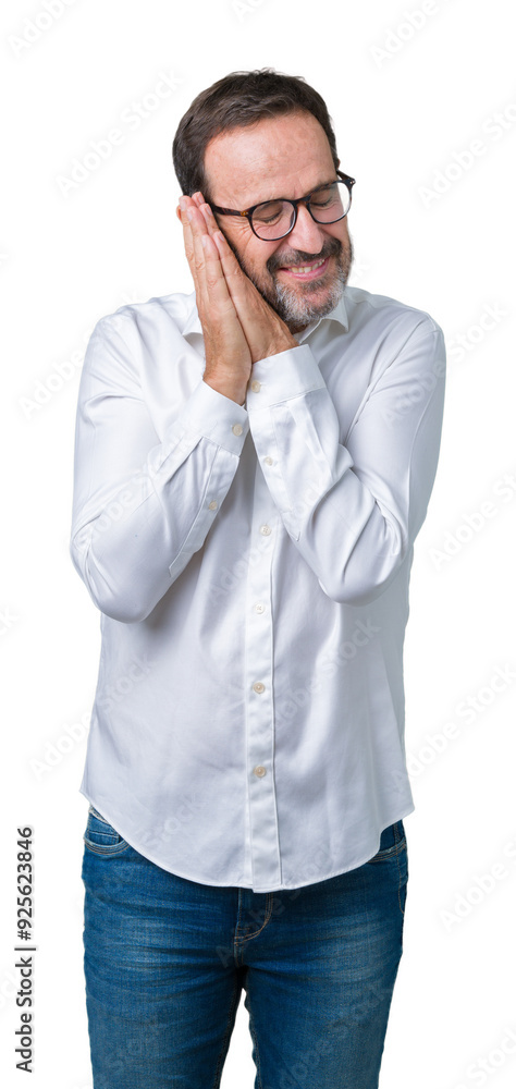Handsome middle age elegant senior business man wearing glasses over isolated background sleeping tired dreaming and posing with hands together while smiling with closed eyes. Handsome middle age elegant senior business man wearing glasses over isolated background sleeping tired dreaming and posing with hands together while smiling with closed eyes.