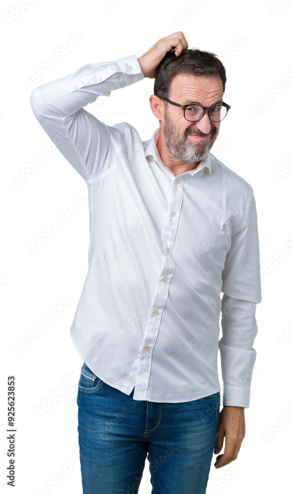 Handsome middle age elegant senior business man wearing glasses over isolated background confuse and wonder about question. Uncertain with doubt, thinking with hand on head. Pensive concept. Handsome middle age elegant senior business man wearing glasses over isolated background confuse and wonder about question. Uncertain with doubt, thinking with hand on head. Pensive concept.