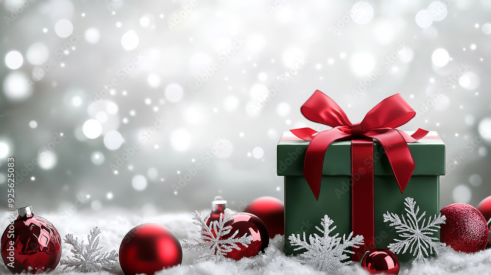 Christmas background with green gift box red ribbon, white snowflakes and red ornaments on the bottom, creating an elegant festive atmosphere. Christmas background with green gift box red ribbon, white snowflakes and red ornaments on the bottom, creating an elegant festive atmosphere.