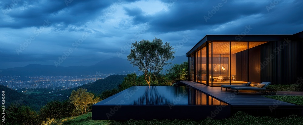 Fototapeta premium Luxury House With Swimming Pool At Night