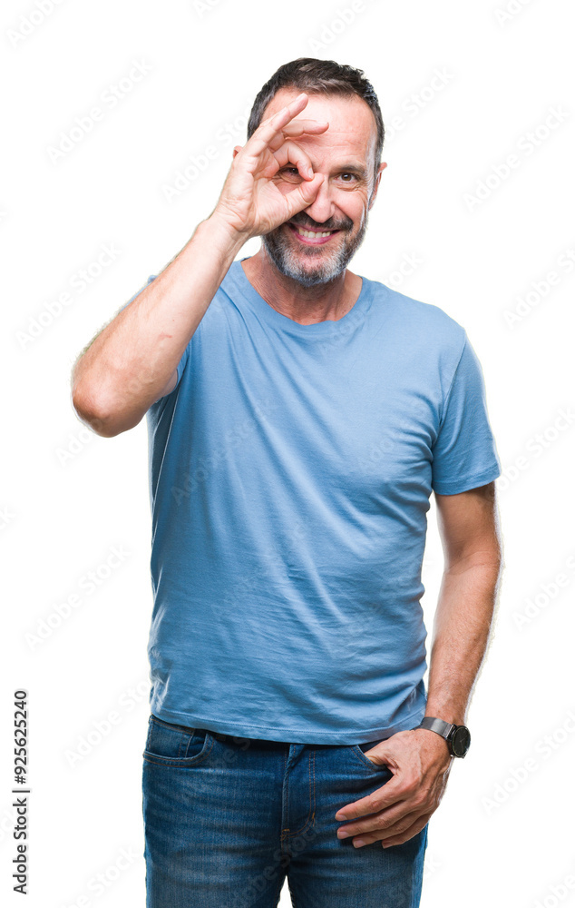 Middle age hoary senior man over isolated background doing ok gesture with hand smiling, eye looking through fingers with happy face. Middle age hoary senior man over isolated background doing ok gesture with hand smiling, eye looking through fingers with happy face.