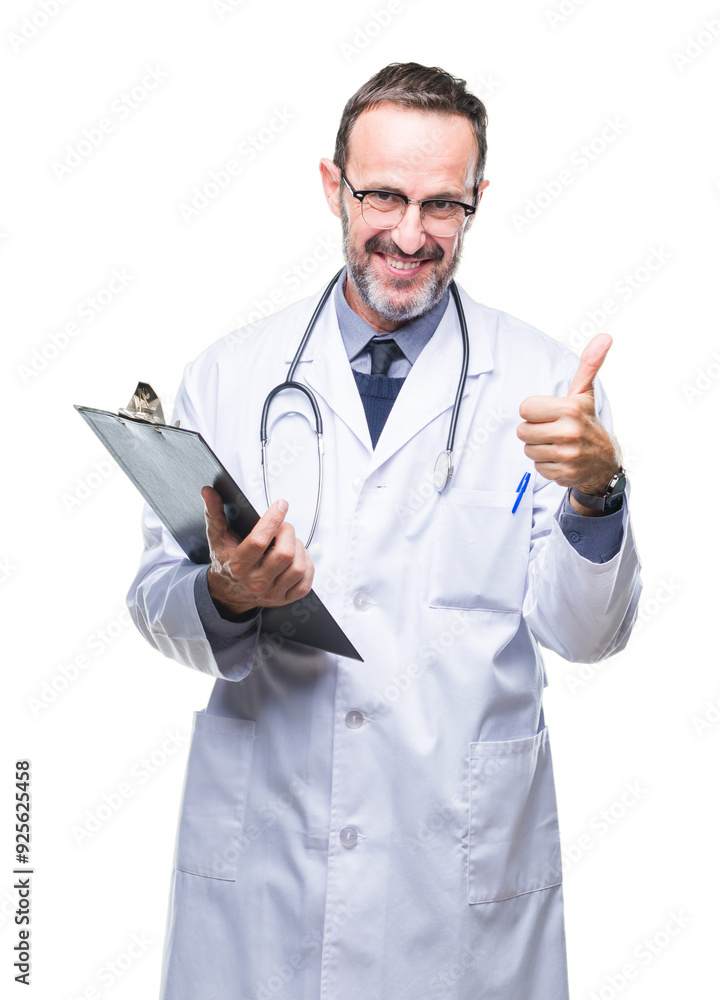 Middle age senior hoary doctor man holding clipboard over isolated background happy with big smile doing ok sign, thumb up with fingers, excellent sign Middle age senior hoary doctor man holding clipboard over isolated background happy with big smile doing ok sign, thumb up with fingers, excellent sign