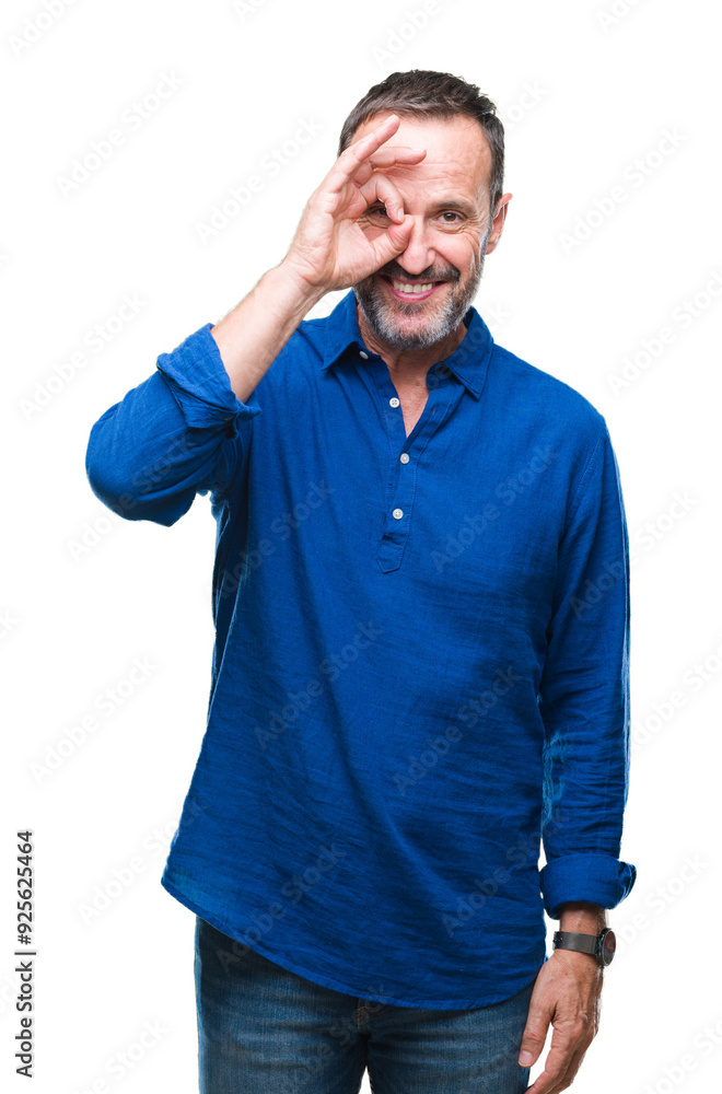 Middle age hoary senior man over isolated background doing ok gesture with hand smiling, eye looking through fingers with happy face. Middle age hoary senior man over isolated background doing ok gesture with hand smiling, eye looking through fingers with happy face.