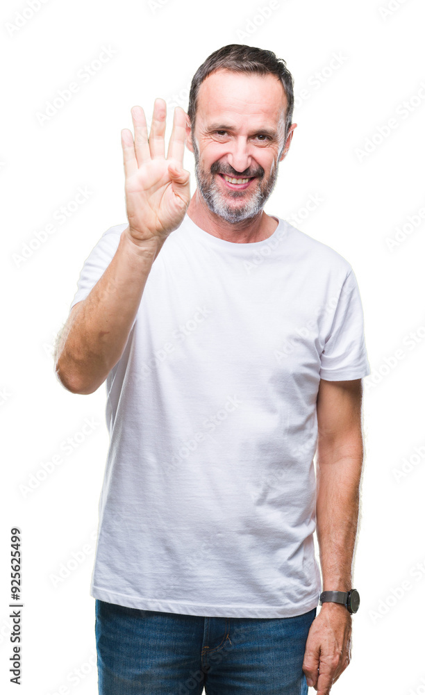 Middle age hoary senior man wearing white t-shirt over isolated background showing and pointing up with fingers number four while smiling confident and happy. Middle age hoary senior man wearing white t-shirt over isolated background showing and pointing up with fingers number four while smiling confident and happy.