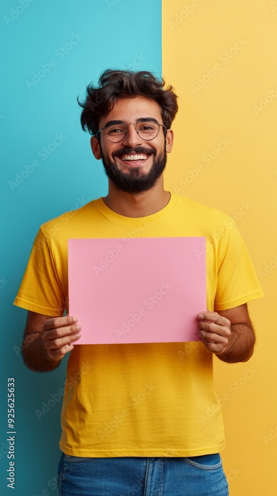 Cheerful indian man in yellow t-shirt holding blank speech bubble Cheerful indian man in yellow t-shirt holding blank speech bubble