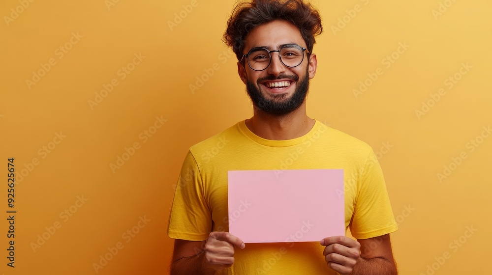 Cheerful indian man in yellow t-shirt holding blank speech bubble Cheerful indian man in yellow t-shirt holding blank speech bubble