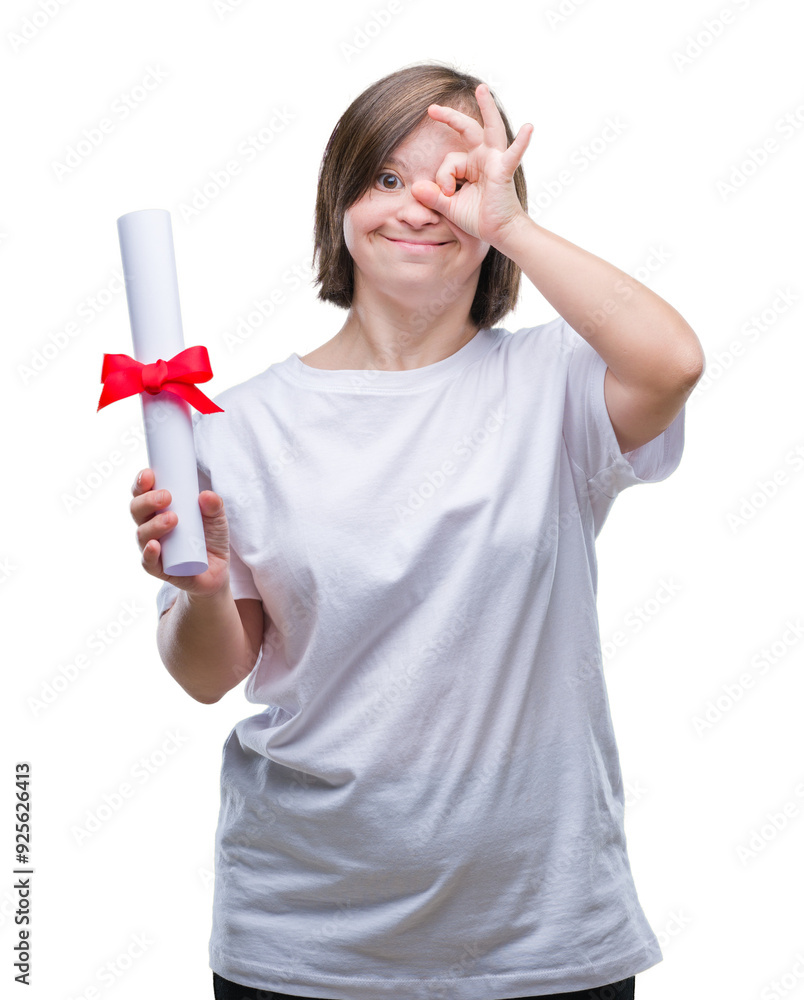 Young adult woman with down syndrome holding degree over isolated background with happy face smiling doing ok sign with hand on eye looking through fingers Young adult woman with down syndrome holding degree over isolated background with happy face smiling doing ok sign with hand on eye looking through fingers