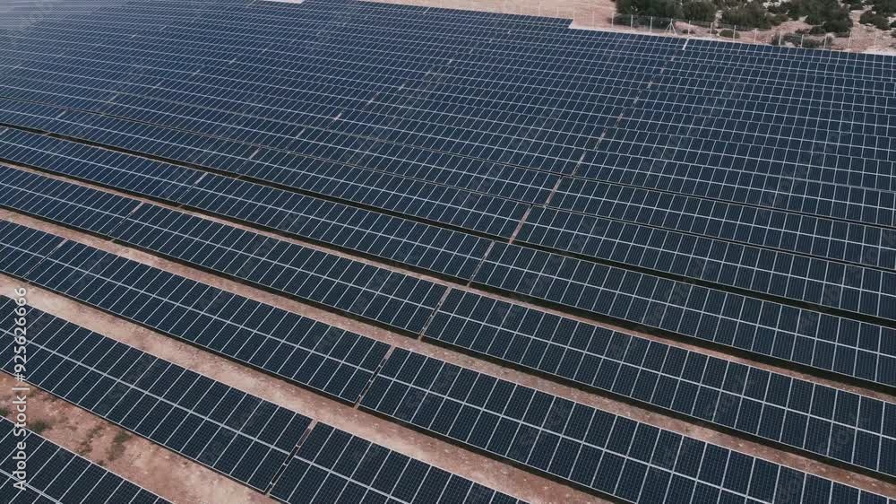 Aerial view of an expansive solar panel farm stretching across the landscape, showcasing the vast array of solar panels harnessing renewable energy. Aerial view of an expansive solar panel farm stretching across the landscape, showcasing the vast array of solar panels harnessing renewable energy.