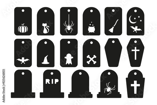 Set of Halloween gift tags, name card, discount label shapes. Vector templates for cutting. Craft paper or cardboard labels cut files