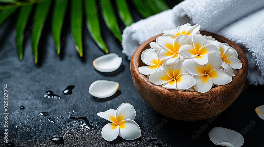 The image you provided showcases a serene and beautifully arranged spa setting. It features white frangipani flowers elegantly displayed in a bowl, with additional petals scattered around on a texture