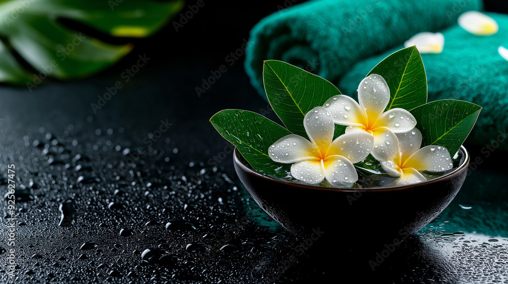The image you provided showcases a serene and beautifully arranged spa setting. It features white frangipani flowers elegantly displayed in a bowl, with additional petals scattered around on a texture The image you provided showcases a serene and beautifully arranged spa setting. It features white frangipani flowers elegantly displayed in a bowl, with additional petals scattered around on a texture