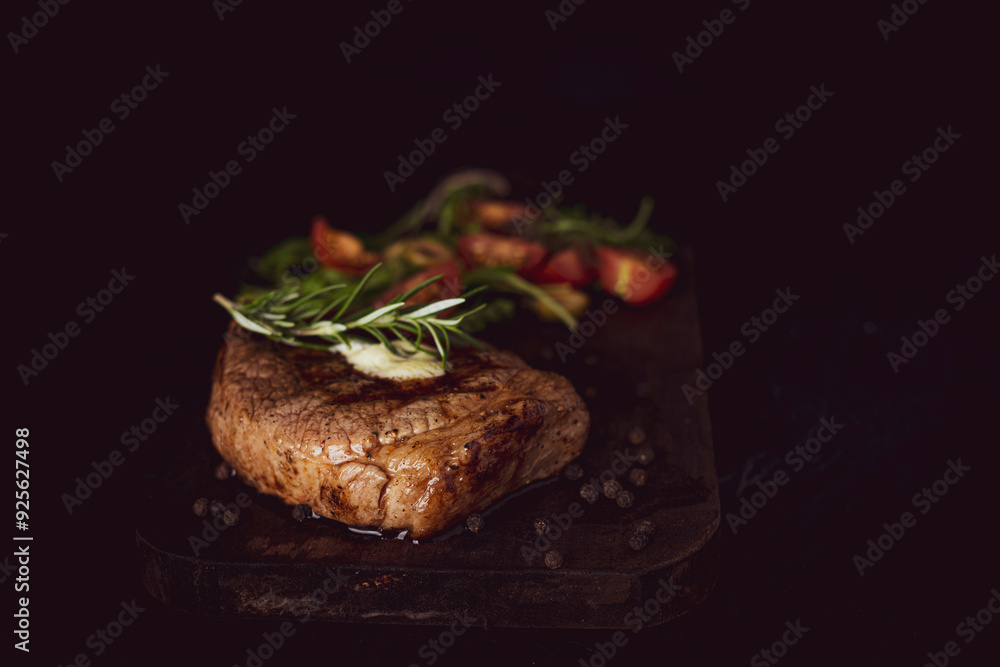 Roast pork with salad on black background Roast pork with salad on black background