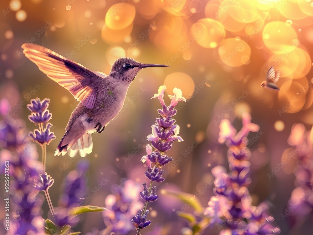 Fototapeta premium Hummingbird in Flight Over Purple Flowers