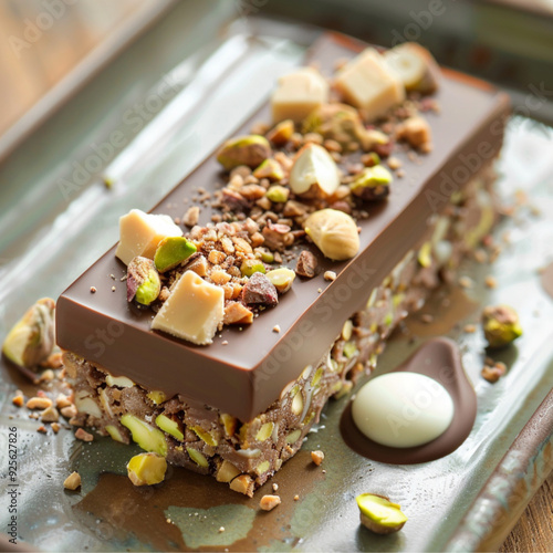 Hazelnut and pistach Chocolate Slice that is dipped in a milk chocolate and chopped hazelnut coating, then decorated with pieces of pistachio, a drizzle of chocolate sauce, white chocolate button photo