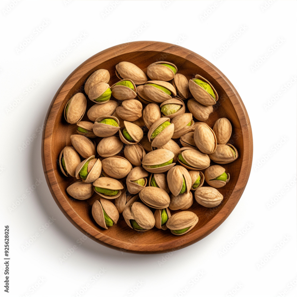 Top view, wooden plate containing a lot of pistachios, walnuts, pecan nuts, bright light, white background Top view, wooden plate containing a lot of pistachios, walnuts, pecan nuts, bright light, white background