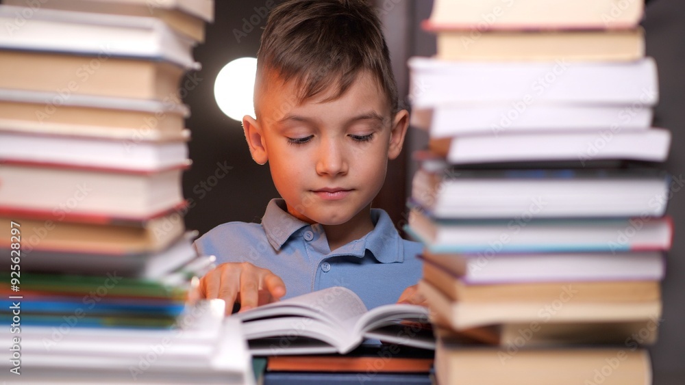 Young boy reading book surrounded by stacks of books Young boy reading book surrounded by stacks of books