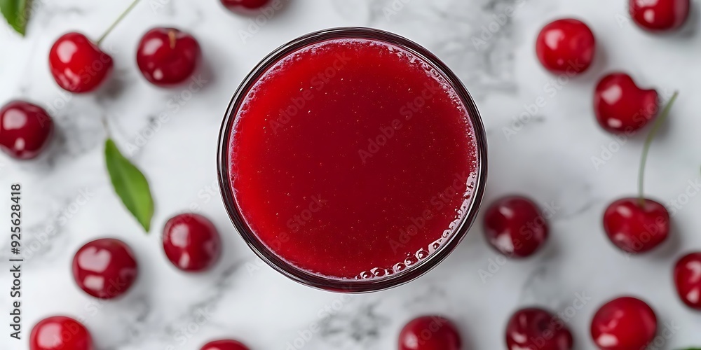 Glass of Cherry Juice on Marble Surface with Cherries Photo