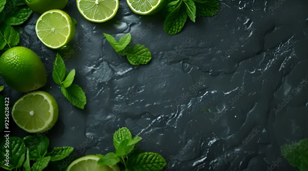 Fresh mint leaves and ripe limes arranged in a flat lay on a dark slate stone background, creating an ideal template for a menu or recipe with vibrant, fresh ingredients Fresh mint leaves and ripe limes arranged in a flat lay on a dark slate stone background, creating an ideal template for a menu or recipe with vibrant, fresh ingredients