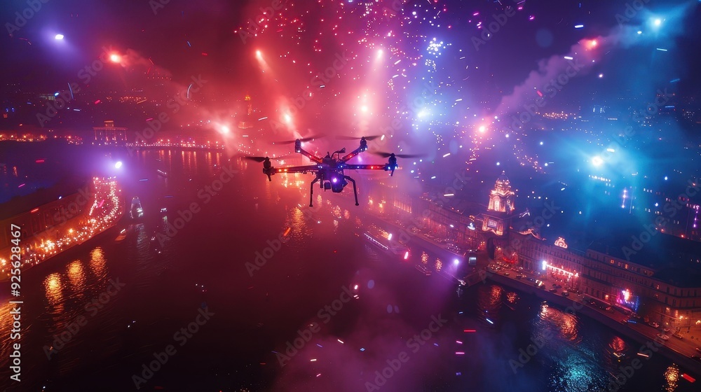 Drone Flying Over Cityscape With Fireworks Display Drone Flying Over Cityscape With Fireworks Display