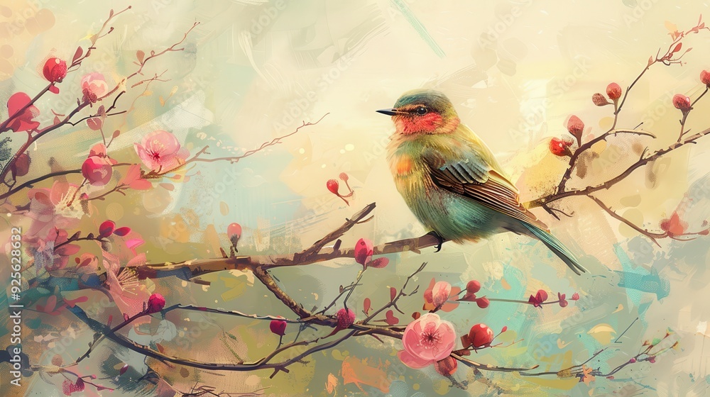 A Bird Perched on a Branch of Pink Blossoms A Bird Perched on a Branch of Pink Blossoms