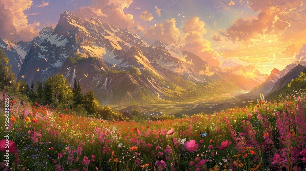 Obraz premium A mountain meadow with colorful wildflowers and butterflies