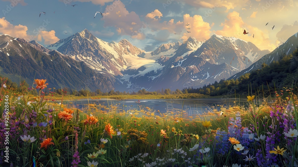 Mountain Lake with Wildflowers and Birds in Flight Mountain Lake with Wildflowers and Birds in Flight
